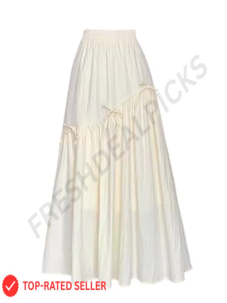 Ruffle Trim Bow Tie Elastic Waist Maxi Skirt - Flared Long Dressy Skirt